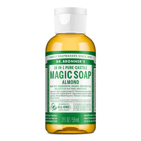 Dr Bronner's 18-in-1 Pure-Castile Magic Soap - Almond 59ml bottle with a green label & white text on a white background.