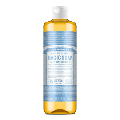 Dr. Bronner's 18-in-1 Pure-Castile Magic Soap - Baby Unscented 473ml on a white background.