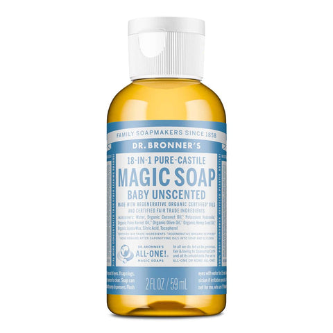 Dr. Bronner's 18-in-1 Pure-Castile Magic Soap - Baby Unscented 59ml bottle on a white background.