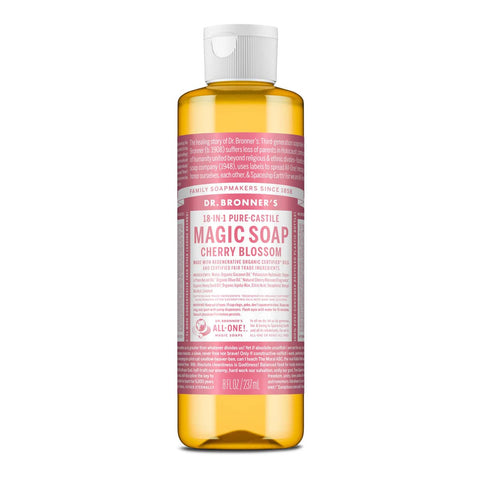 Dr. Bronner's Magic Soap Cherry Blossom bottle on a white background.