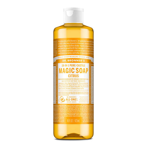 Dr. Bronner's 18-in-1 Pure-Castile Magic Soap - Citrus 473ml bottle on a white background.