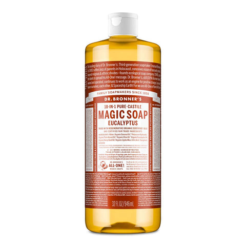 Dr. Bronner's 18-in-1 Pure Castile Magic Soap - Eucalyptus 946ml bottle on a white background.
