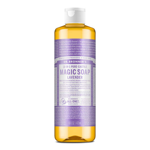 Dr. Bronner's Magic Soap Lavender 473ml bottle with lavender scent on a white background