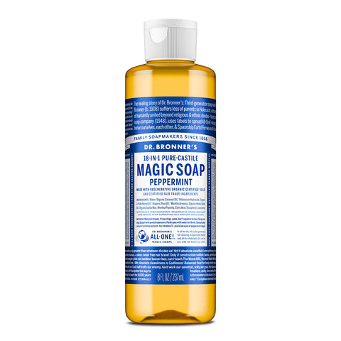 Dr Bronner's 18-In-1 Pure-Castile Magic Soap - Peppermint 237ml on a white background.