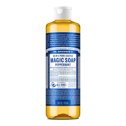 Dr. Bronner's Magic Soap Peppermint bottle on a white background