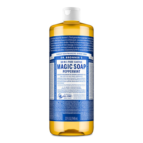 Dr Bronner's 18-In-1 Pure-Castile Magic Soap - Peppermint 946ml on a white background.