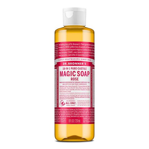Dr. Bronner's Magic Soap Rose in a 237ml bottle on a white background