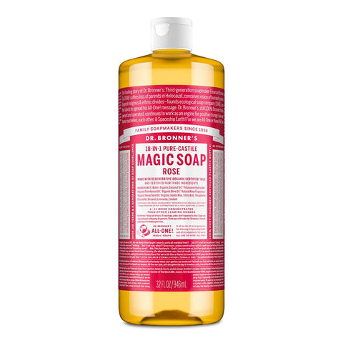 Dr. Bronner's Magic Soap Rose in a 946ml bottle with pink label on a white background
