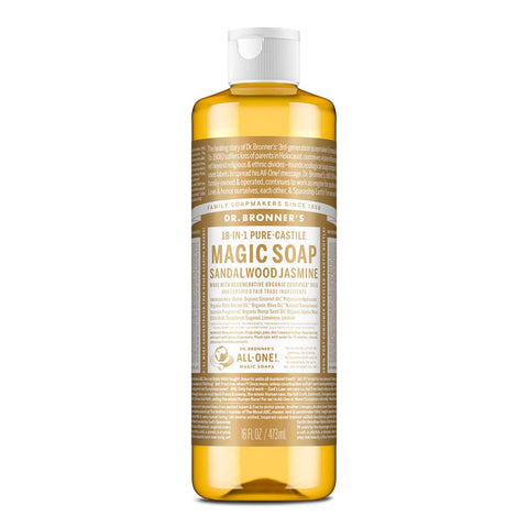 Dr Bronner's 18-in-1 pure castile magic soap jasmine and sandalwood in a 473ml bottle on a white background.