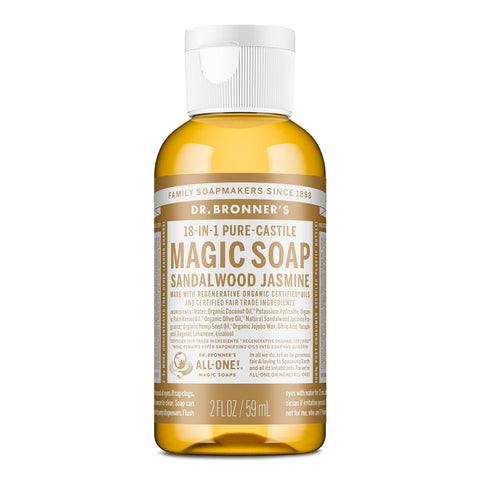 Dr. Bronner's 18-in-1 Pure-Castie Magic Soap - Sandalwood Jasmine 59ml bottle on a white background.