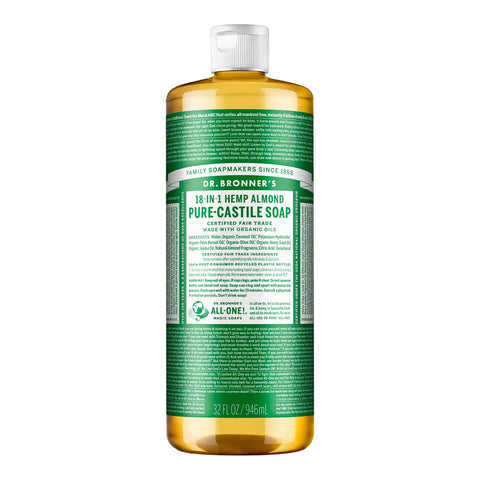 946ml bottle of Dr. Bronner's 18-In-1 Pure Castile Soap in Almond scent with a dark green label.
