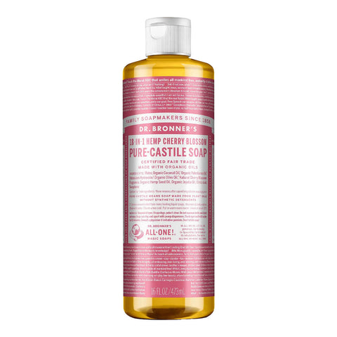 473ml bottle of Dr. Bronner's 18-In-1 Pure Castile Soap in Cherry Blossom scent with a pink label.