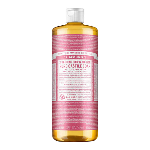 946ml bottle of Dr. Bronner's 18-In-1 Pure Castile Soap in Cherry Blossom scent with a pink label.