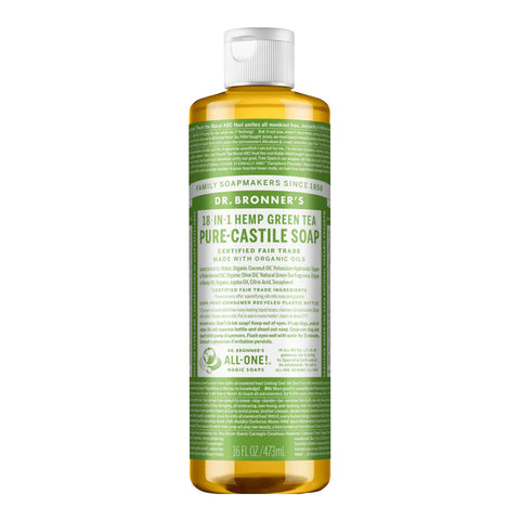 473ml bottle of Dr. Bronner's 18-In-1 Pure Castile Soap in Green Tea scent with a light green label.