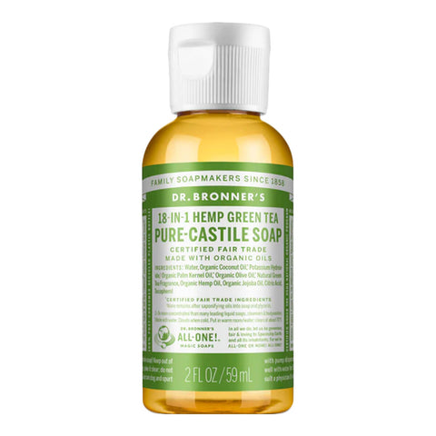 59ml bottle of Dr. Bronner's 18-In-1 Pure Castile Soap in Green Tea scent with a light green label.