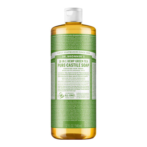 946ml bottle of Dr. Bronner's 18-In-1 Pure Castile Soap in Green Tea scent with a light green label.