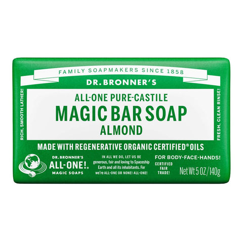 Dr. Bronner's Pure-Castille Magic Bar Soap - Almond 140g packaging on a white background.