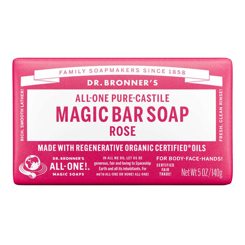 Dr. Bronner's Pure-Castile Magic Soap Bar - Rose 140g on a white background.