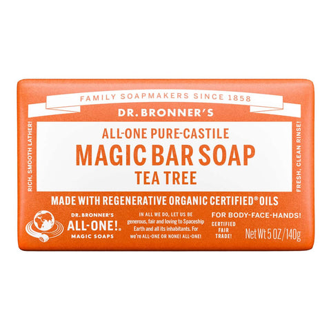 Dr. Bronner's Pure-Castille Magic Soap Bar - Tea Tree 140g on a white background.