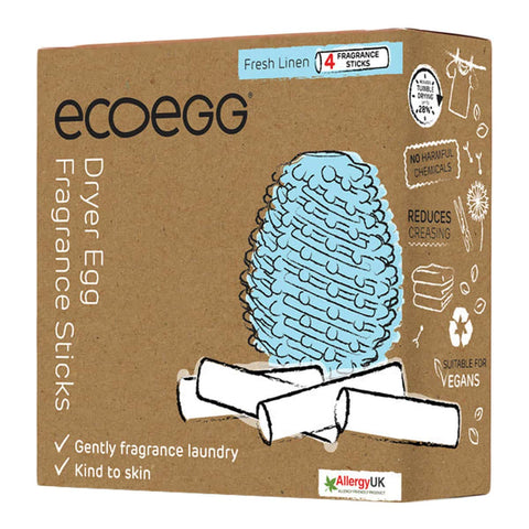 Box of ecoegg dryer egg fresh linen fragrance sticks on a white background.