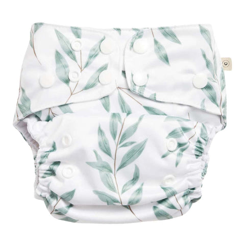 EcoNaps 2.0 Modern Cloth Nappy - bamboo reusable with adjustable snaps,  white print fabric with olive leaves. 