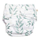 EcoNaps 2.0 Modern Cloth Nappy - bamboo reusable with adjustable snaps,  white print fabric with olive leaves. 