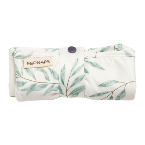 Rolled up EcoNaps Changing Mat with snap loop closure. Olive leaf pattern.