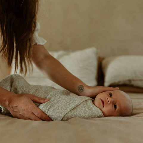 Baby wrapped in a muslin swaddle being held by an adult on a bed.