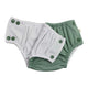 Econaps swim nappy - olive with snaps open. Reusable recycled polyester nappy.
