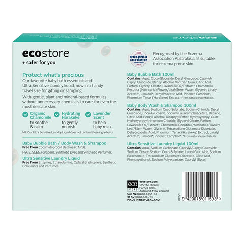 Back of box packaging of Baby Mini Essentials pack showing ingredients, product benefits and Eczema Association Australasia logo.