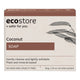 A rectangular box of ecostore Coconut Soap, featuring a cream-colored background with brown accents, black text, and a botanical leaf illustration.