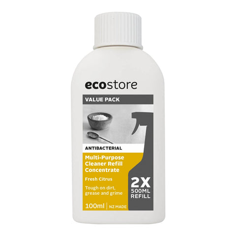Front of 100ml bottle of antibacterial multipurpose cleaner refill concentrate - fresh citrus. Refills 2x 500ml bottles. 