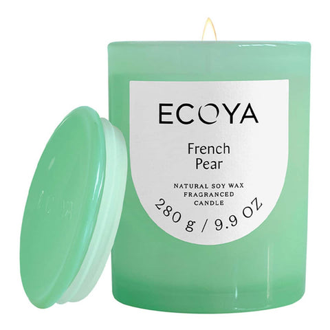 Green ECOYA Metro Jar - French Pear candle with a white label on a white background.