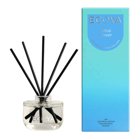 Ecoya diffuser with black sticks and a blue box on a white background. Lotus flower fragrance.