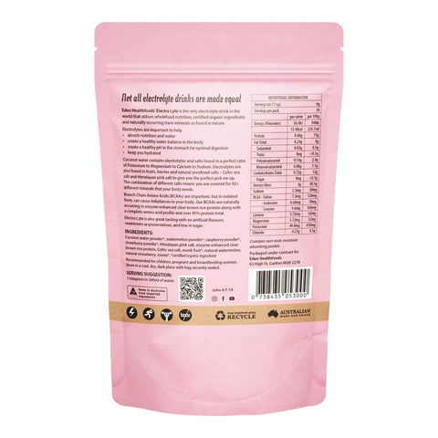 Pink package with nutritional information and branding on a white background.