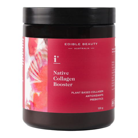 A jar of Edible Beauty's Native Collagen Booster, a plant based natural collagen booster powder containing a complex of amino acids, vitamin C and antioxidants.