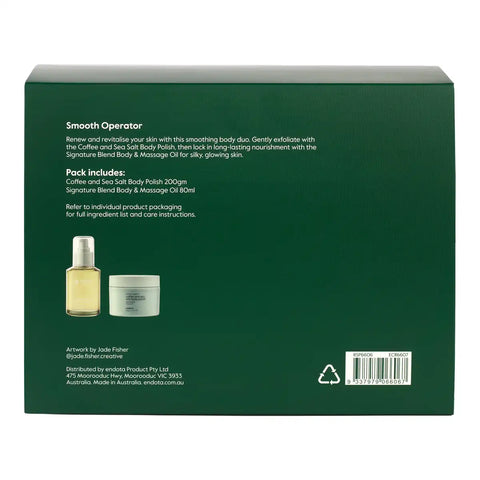 The back of a dark green product box showing the 'Smooth Operator' body care set, with product descriptions, a small bottle and jar illustration, a barcode, and recycling symbols.