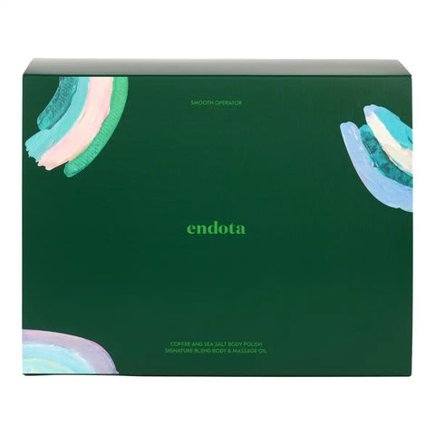 Endota Smooth Operator Coffee and Sea Salt Body Polish signature blend box, featuring a dark green packaging design with abstract pastel rainbow brushstrokes and the brand name 'endota' in the center.