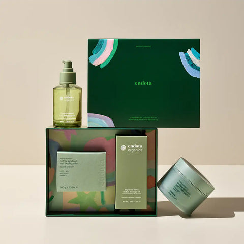 Endota Organics skincare gift set featuring a green and multicolor patterned box on a beige background.
