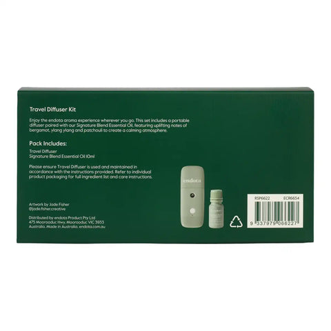 The back of a dark green Travel Diffuser Kit box, showing product details, included items, a barcode, and a small product photo of the diffuser and bottle on a white background.