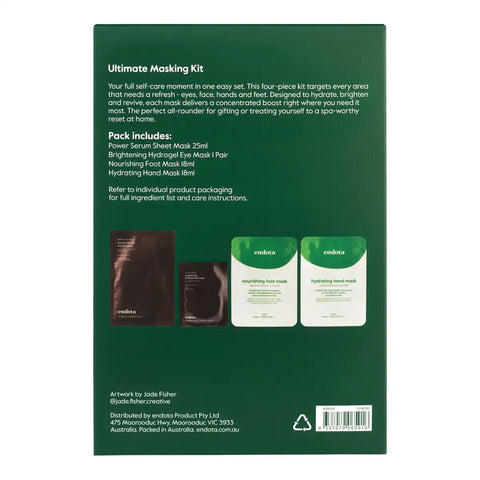 Back packaging of the endoca Ultimate Masking Kit, featuring product details, a pack contents diagram with three sachets, and a barcode on a dark green background.