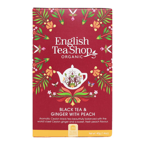 A box of organic black tea and ginger with peach tea, an aromatic Ceylon black tea that's beautifully balanced with ginger and a sweet, peach flavour.