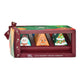 A boxed set of triangular Christmas-themed tea bags in a maroon gift box with a clear window, tied with a maroon ribbon.