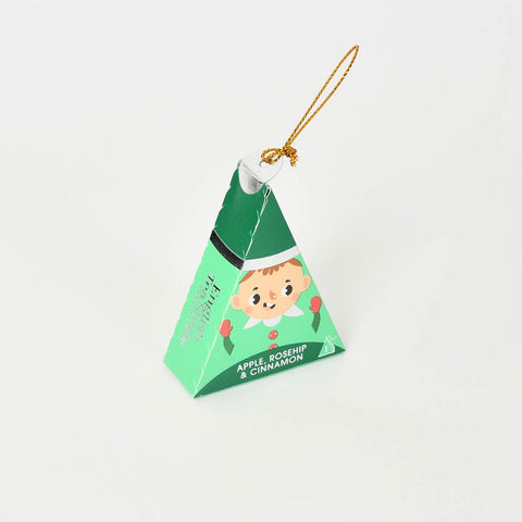Apple, rosehip and cinnamon tea packaged in an elf decoration.