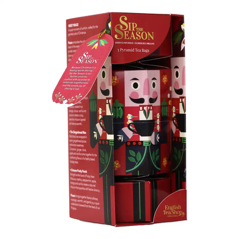 English Tea Shop nutcracker-themed tea bag gift box containing three pyramid tea bags.
