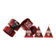 A set of red Christmas-themed paper gift boxes and triangular packaging pieces with illustrated holiday characters.