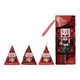 A Christmas-themed tea gift set featuring a red box alongside three pyramid-shaped tea bags.