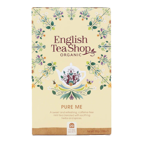 A box of organic Pure Me tea, a sweet and refreshing, caffeine-free mint tea blended with soothing herbs and spices.