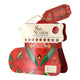 A packaged set of festive tea, featuring a red and green design on the carded packaging with a tag.
