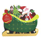 A Christmas-themed advent calendar shaped like a sleigh, featuring Santa Claus, a nutcracker, a decorated tree, and numbered doors across a green body.